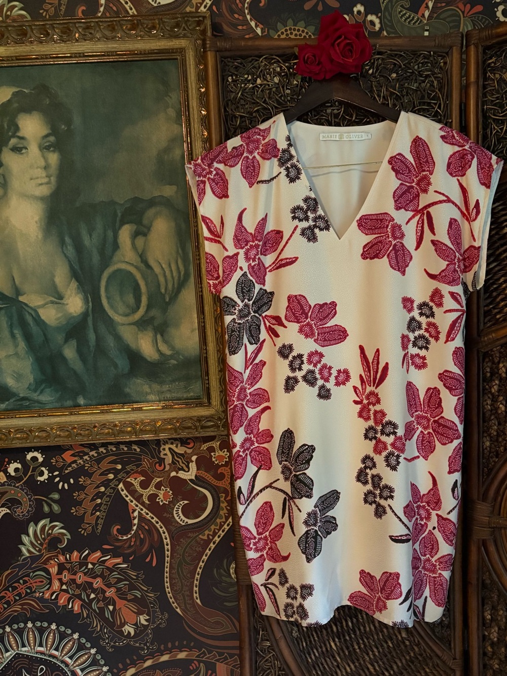 Marie Oliver Floral Shift 100% Silk Dress Small | Pink Botanical Garden Preppy